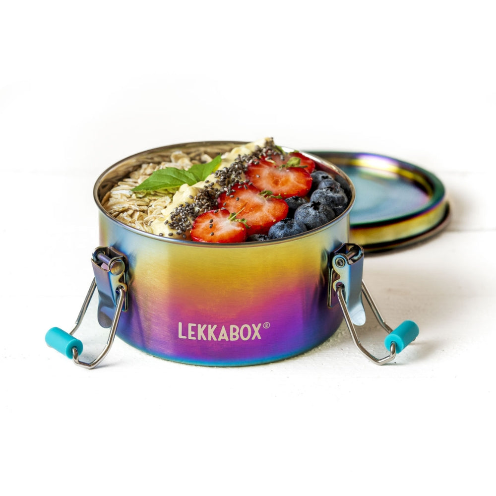 Lancheira Redonda Arco-íris de Aço Inoxidável 400 ml – LEKKABOX Clipsy