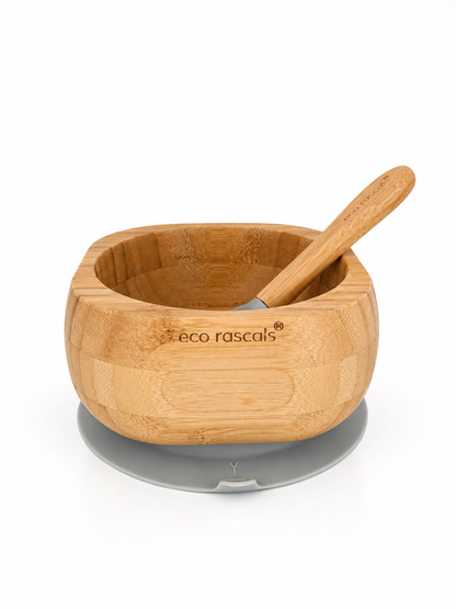 BOL BAMBOO CON VENTOSA + CUCHARA GRIS - ECO RASCALS