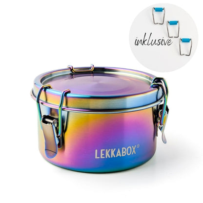 Lancheira Redonda Arco-íris de Aço Inoxidável 400 ml – LEKKABOX Clipsy