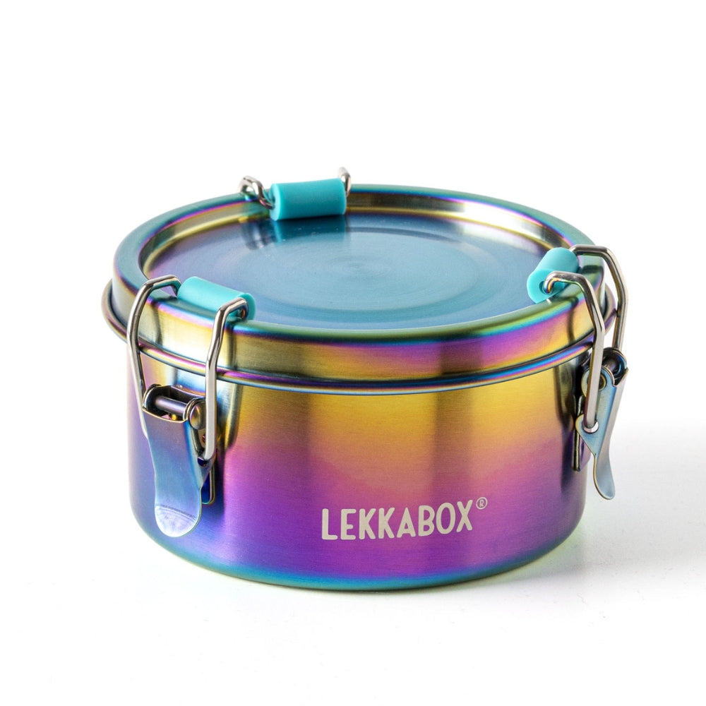 Lancheira Redonda Arco-íris de Aço Inoxidável 400 ml – LEKKABOX Clipsy