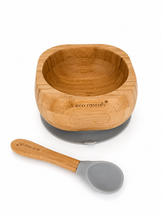 BOL BAMBOO CON VENTOSA + CUCHARA GRIS - ECO RASCALS