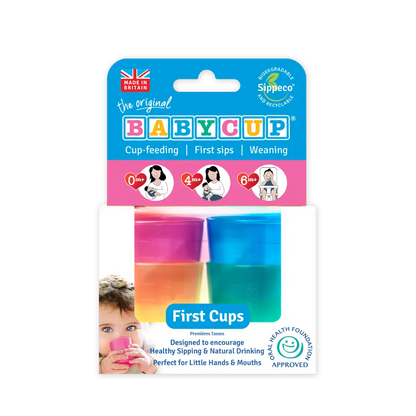Fotografía del pack de 4 vasos Babycup multicolor en su paquete original.