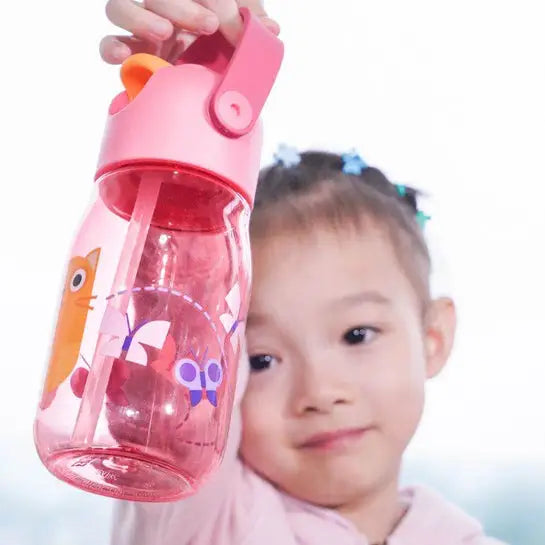 Botella con pajita Flip Straw - Rosa Gato 400ml - Rosa -