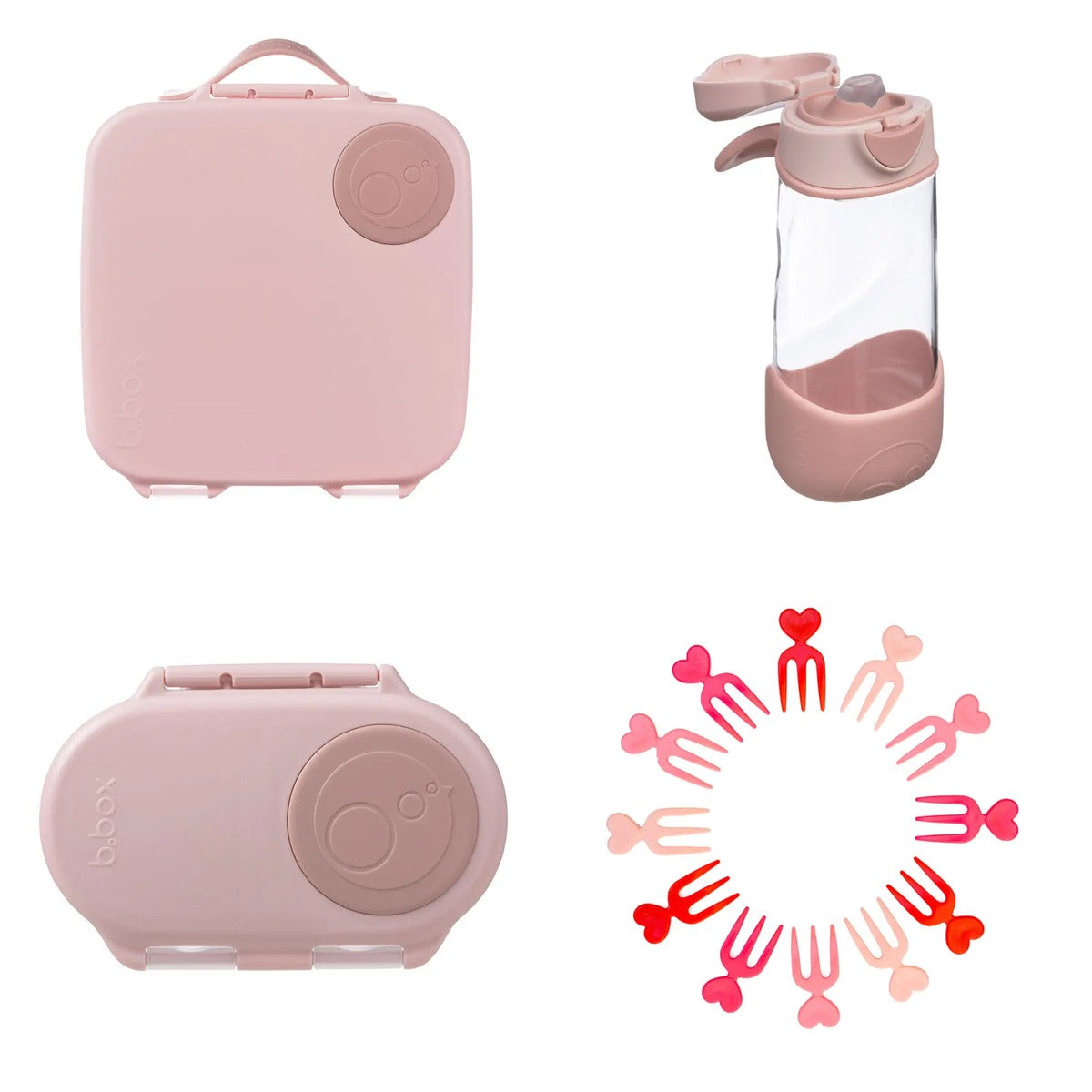 Pack Completo Cole B.Box Rosa Blush Crush — fiambrera, botella, snack y pinchos Torune corazón
